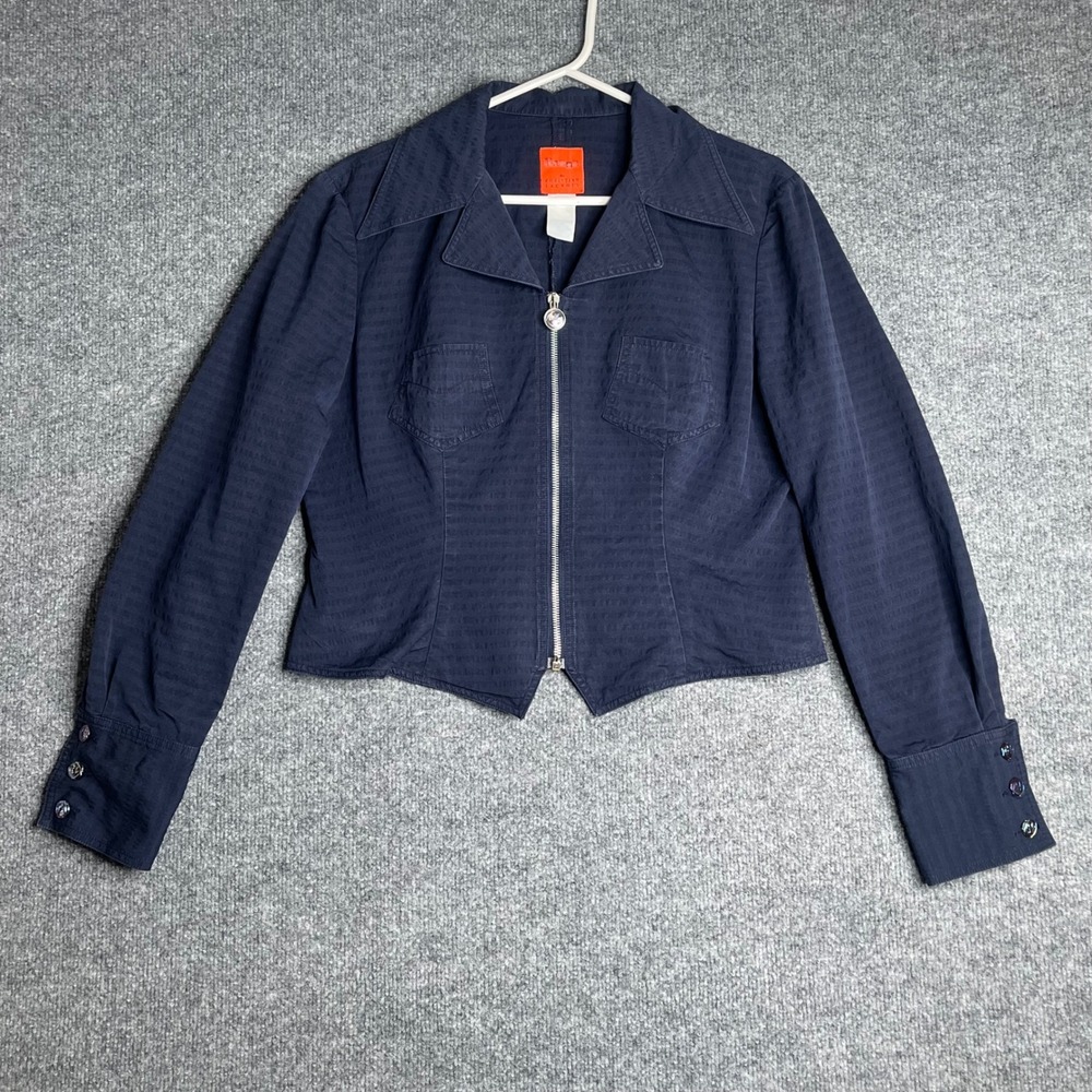Y2K Bazar Christian Lacroix Blue Textured Zip Front Jacket Scalloped Hem 44